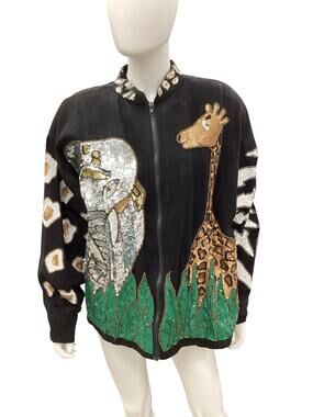 Vintage Modi Denim Jacket Women’s Size XL Sequin Design Lions Tigers& Bears Rare